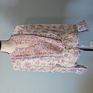 JOIE Silk Boho Floral Peplum Blouse  Cuff Sleeve Tie Waist LARGE Cream Pink Blue